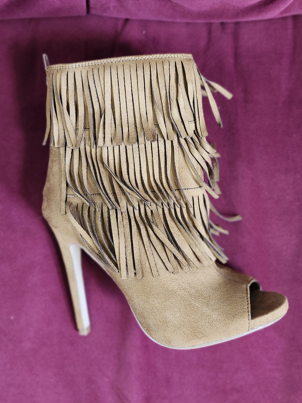 Fringe Peep-Toe Stiletto Bootie in Tan Suede